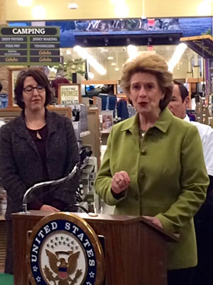 Michigan Democratic Senator Debby Stabenow is shown at Cabela's in Grandville in a joint news conference with Great Lakes conservation leaders calling for swift actionto keep the invasive Asian Carp out of the Great Lakes.