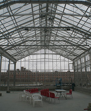 Joining the several nearby steeples in downtown Grand Rapids is the cathedral-like roof of the new Downtown Market. The glass allows sunlight to feed the greenhouse plants in the nursery underneath. The empty building in the background typifies the 7 empty warehouses that were demolished to clear the land for the city's first Downtown Market.