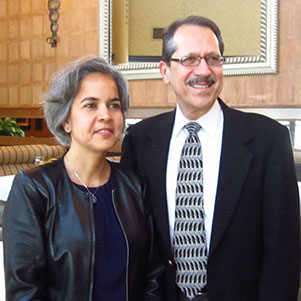 Dr. Marie Lynn Miranda, Dean of the University of Michigan's School of Natural Resources & Environment and Aquinas College President Juan Oliverez after Dr. Miranda gave the college's 17th annual Wege Foundation Lecture.