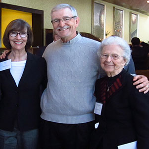 Peter M. Wege's daughter Mary Nelson and his son Peter M. Wege II and Aquinas College's Sister Mary Weber gather after Dr. Marie Lynn Miranda's Wege Foundation Lecture on "Linking Children's Health to Our Environment."