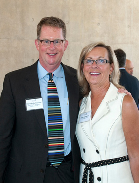 Dana Friis-Hansen is pictured at the welcoming reception with Ellen Satterlee, CEO of The Wege Foundation. Peter M. Wege made the major gift that led to the award-winning new Grand Rapids Art Museum.