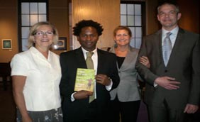 Ellen Satterlee, executive director of The Wege Foundation, Ishmael Beah, City High School’s 2010 graduation speaker, Terri McCarthy, vice-president of the Wege Foundation, and Dale Hovenkamp, principal of City High, are pictured at Fountain Street Church before graduation ceremonies. The Wege Foundation sponsored Ishmael Beah’s trip from New York City to address City’s graduating seniors.